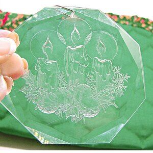 Vintage 1980's Etched Acrylic Christmas Ornament 3" Candles Wreath Holiday Decor